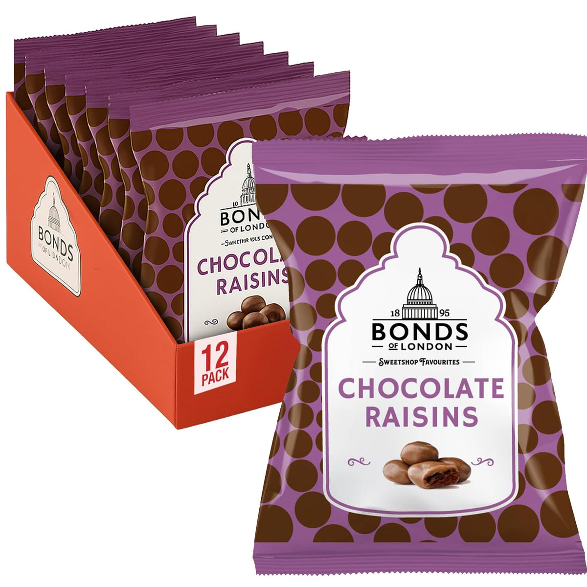 Bonds of London Chocolate Raisins - 75g Bag, Pack of 12