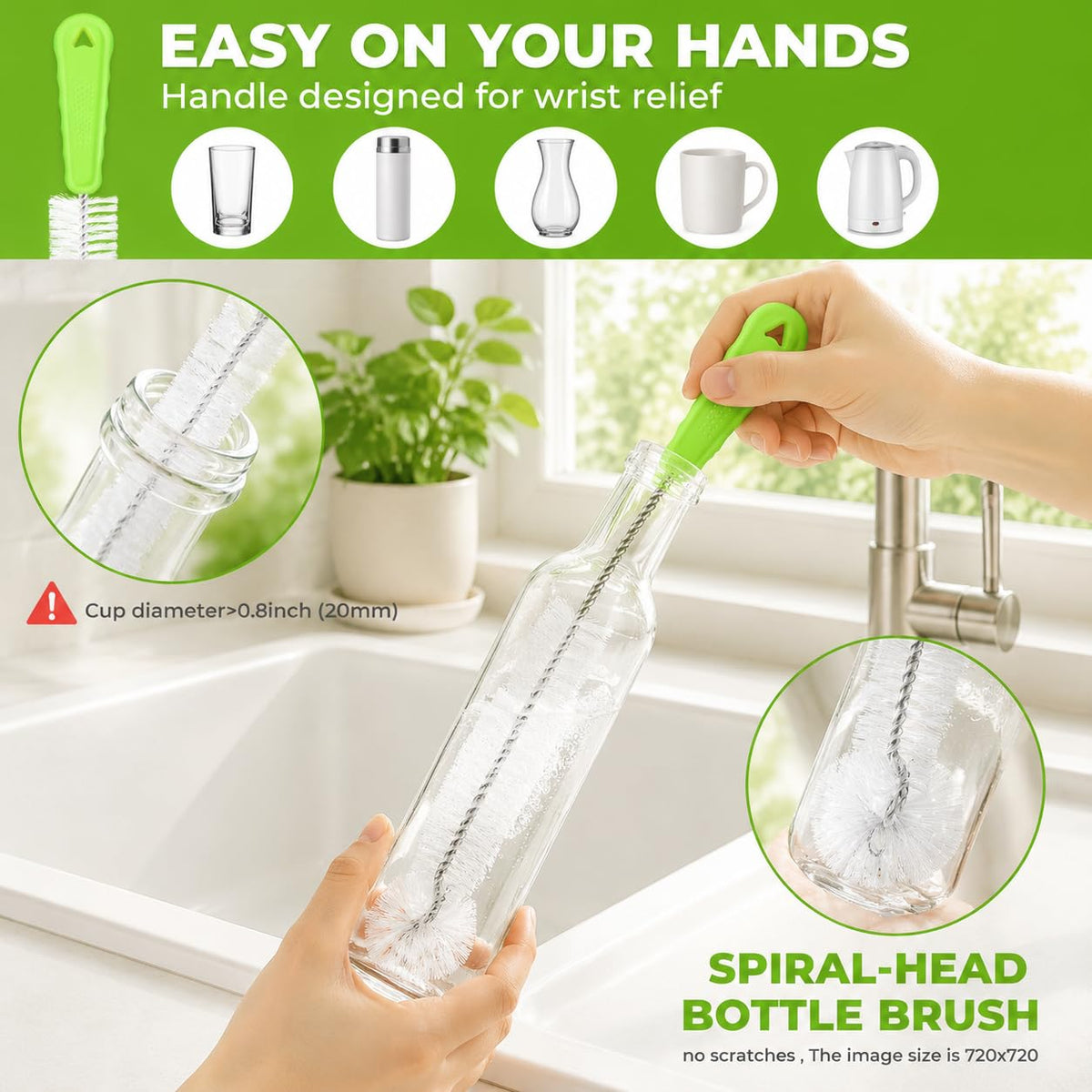 Admygo 3-in-1 Bottle Cleaning Brush Set - Long Handle, Straw Cleaner, Lid Brush | Green 4