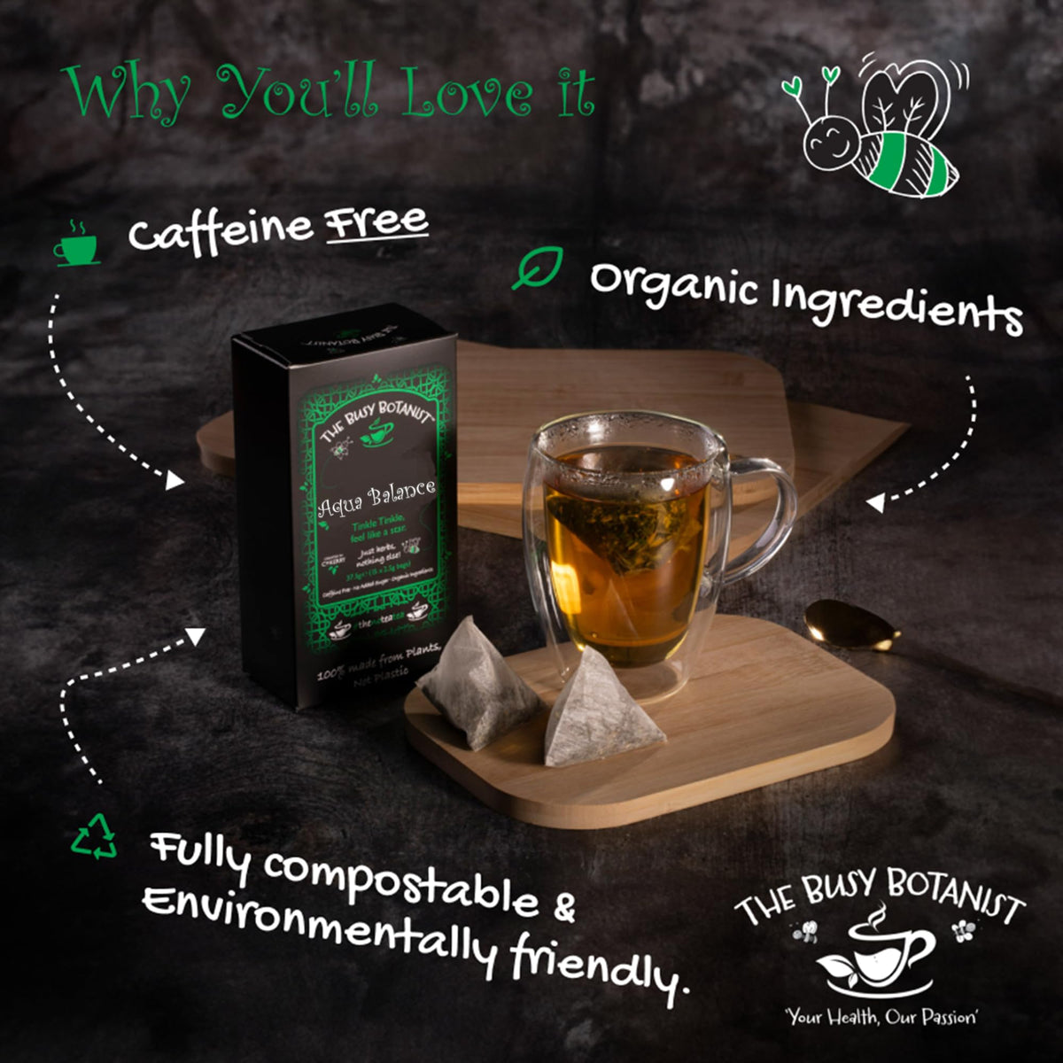 The Busy Botanist Aqua Balance Herbal Tea - Caffeine Free, 30 Count Biodegradable Tea Bags 3