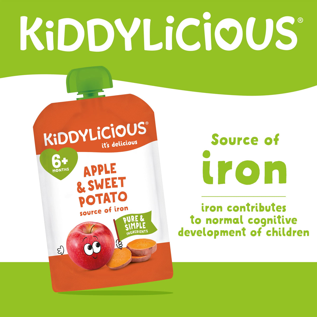 Kiddylicious Apple & Sweet Potato Fruit Pouches - 6+ Months - 100g (Pack of 6)