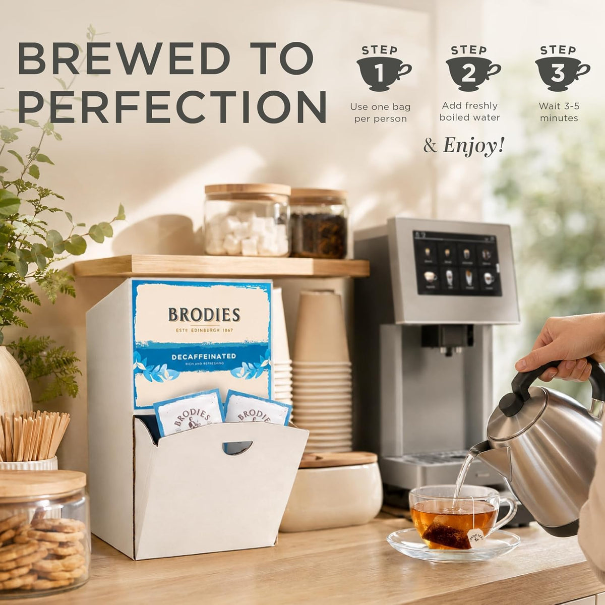 Brodies Decaffeinated Black Tea - 250 Teabags | Caffeine-Free | Eco-Friendly Dispenser Box 4