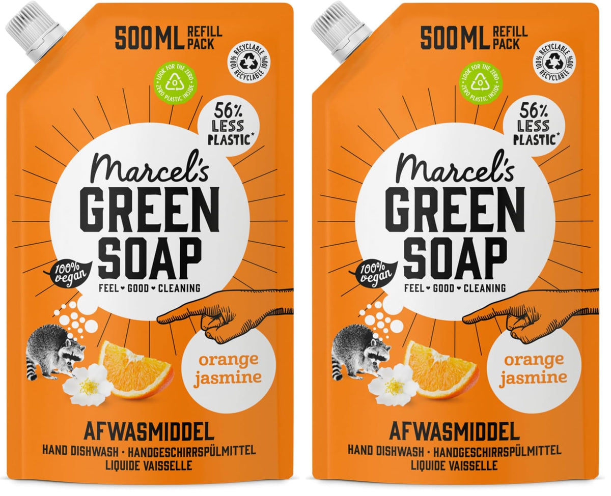 Marcel's Green Soap Washing-Up Liquid - Orange & Jasmine - 2 x 500ml Refill Pouches 1