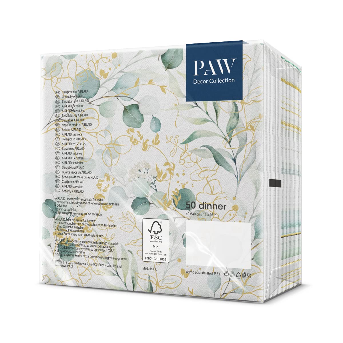 PAW Decor Collection Golden Eucalyptus Airlaid Napkins - 40 x 40 cm, 50 Pack