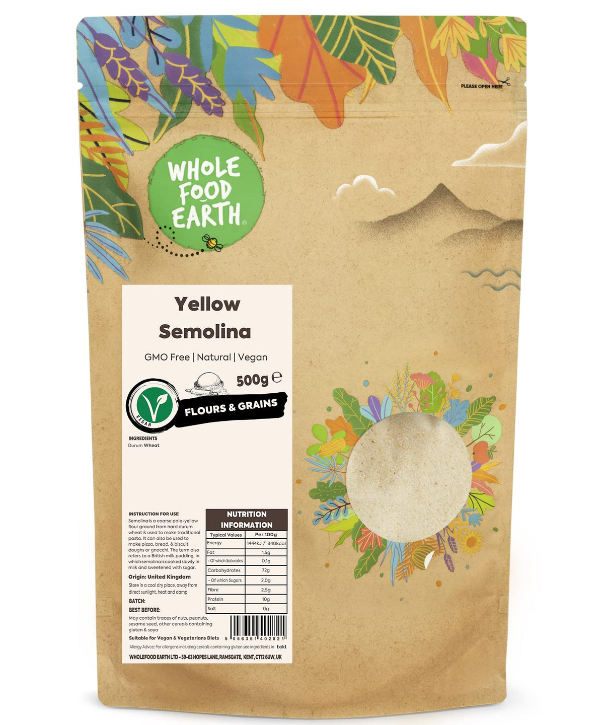 Wholefood Earth Yellow Semolina - 500g | GMO Free | Natural