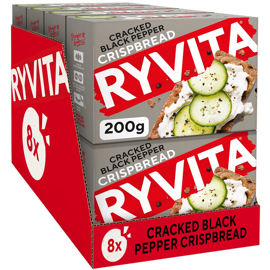 Ryvita Cracked Black Pepper Crispbread - High Fibre, Low Fat | 8 x 200g Packs