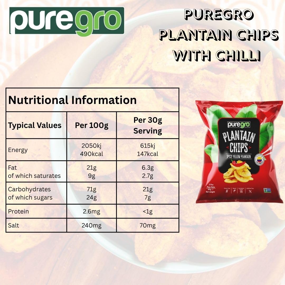 Puregro Plantain Chips with Chilli - Spicy Snack Multipack | 24 x 60g 8