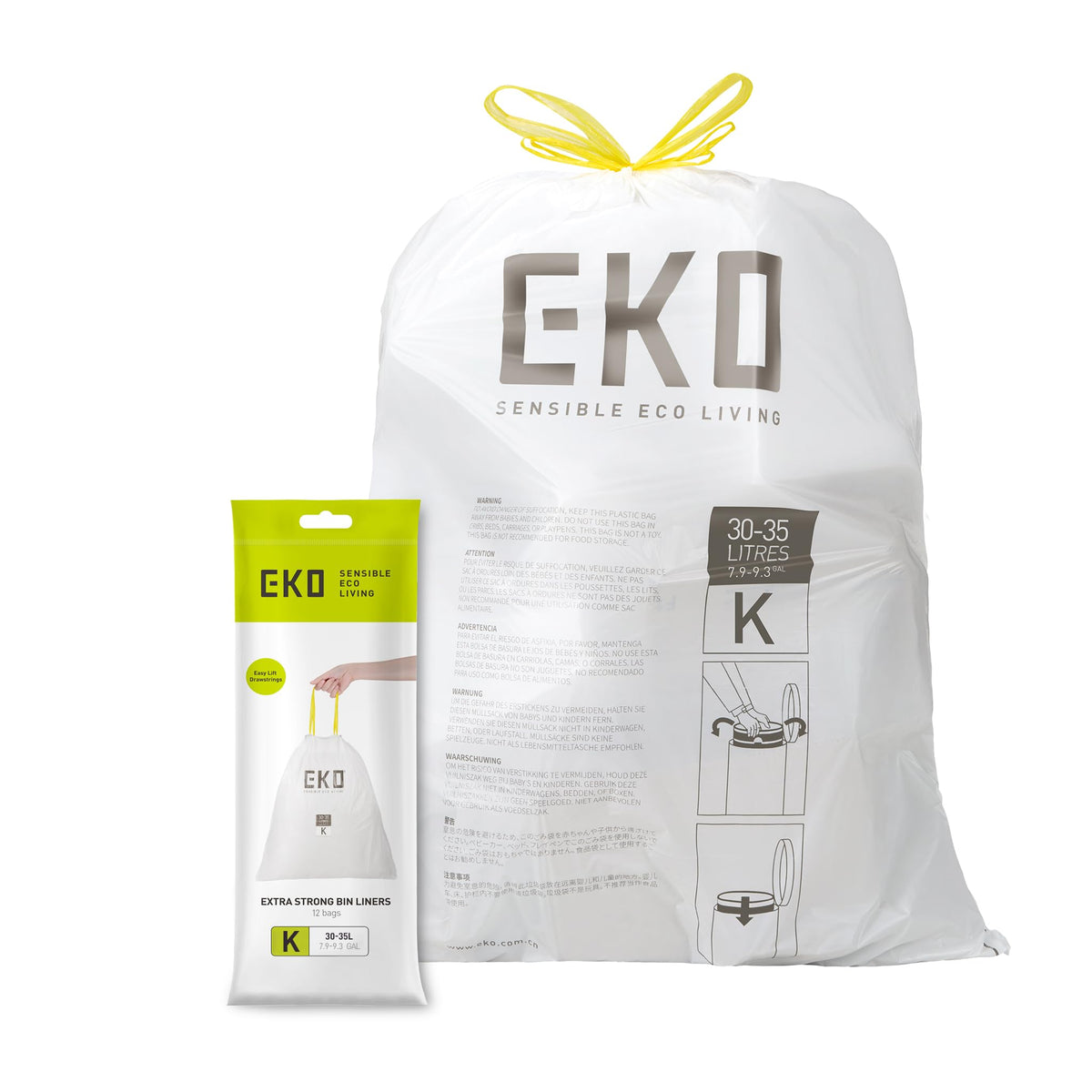 EKO Drawstring Bin Bags - 35 Litre, 12 Count | Heavy Duty | Leak-Resistant 1