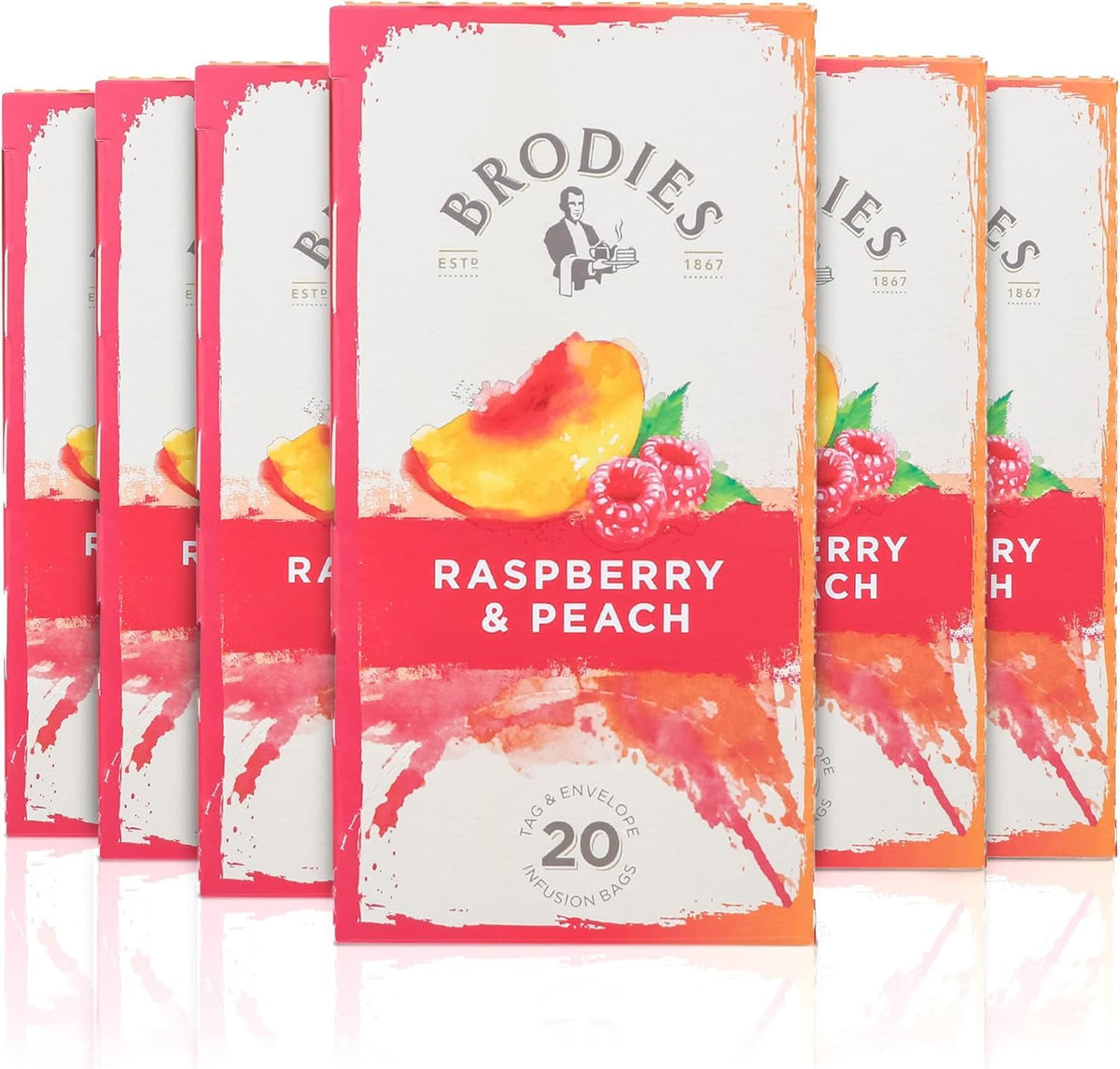 Brodies Raspberry & Peach Flavored Black Tea - Caffeine-Free, 120 Tea Bags (6 Boxes of 20)