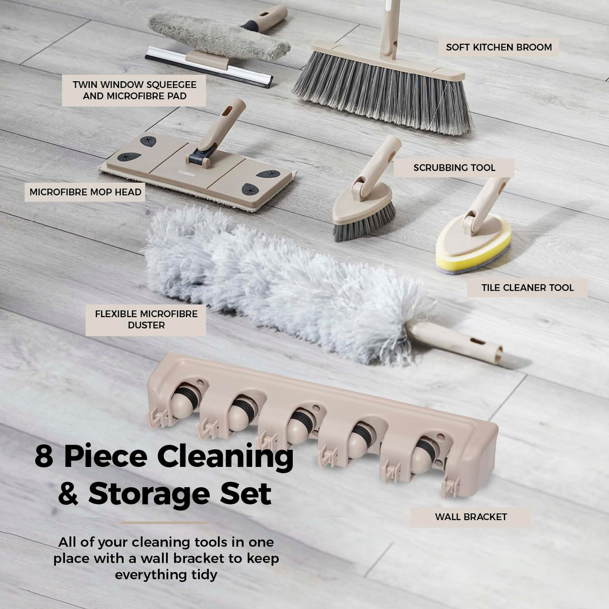 Tower Cavaletto 8 Piece Cleaning & Storage Set - Includes Mop, Broom, Duster, Window Tool | Latte 3