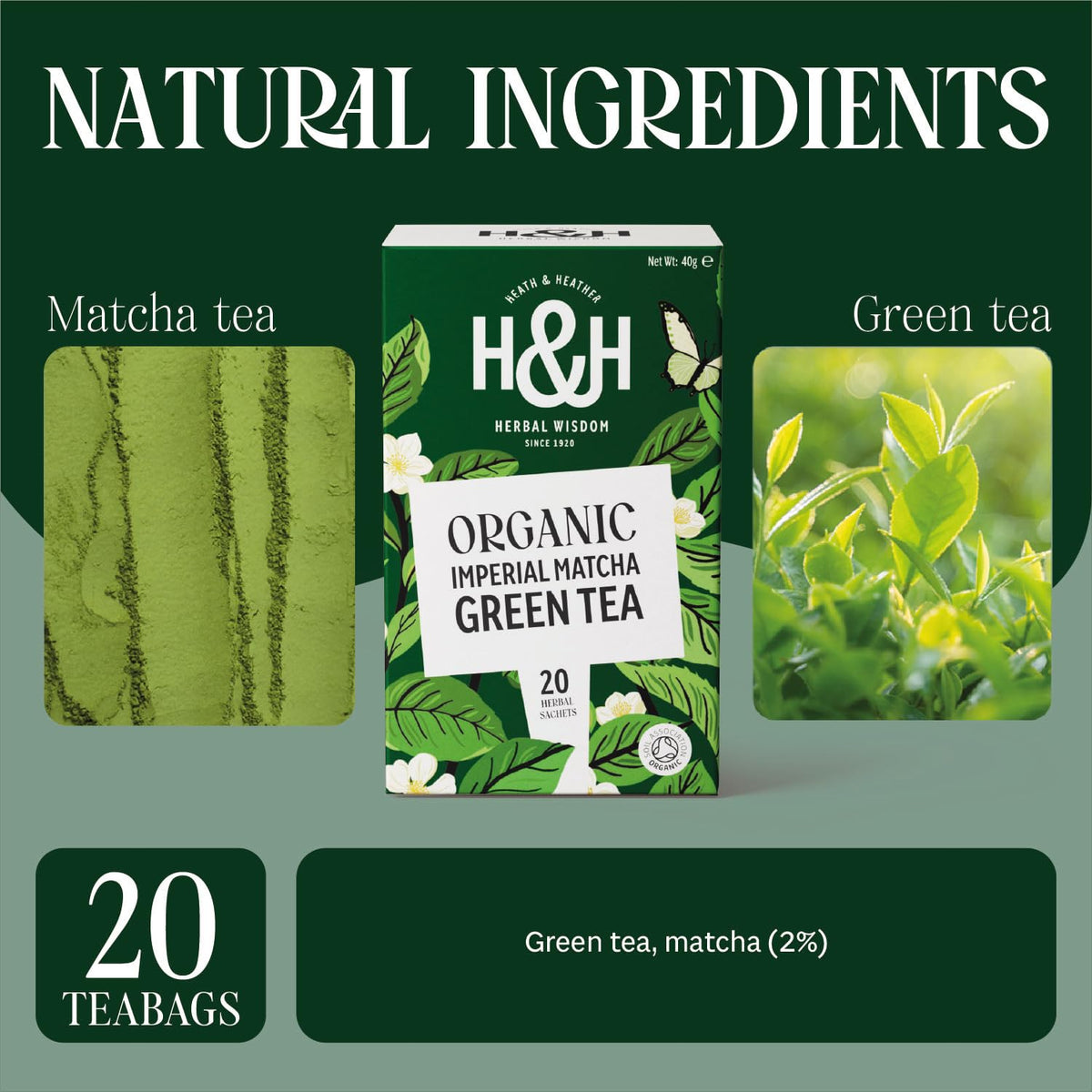 Heath & Heather Organic Imperial Matcha Green Tea - 20 Teabags | Antioxidant Support, Energy Boost