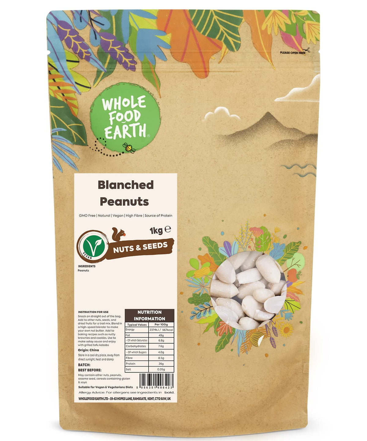 Wholefood Earth Blanched Peanuts - 1 kg | GMO Free | High Fibre