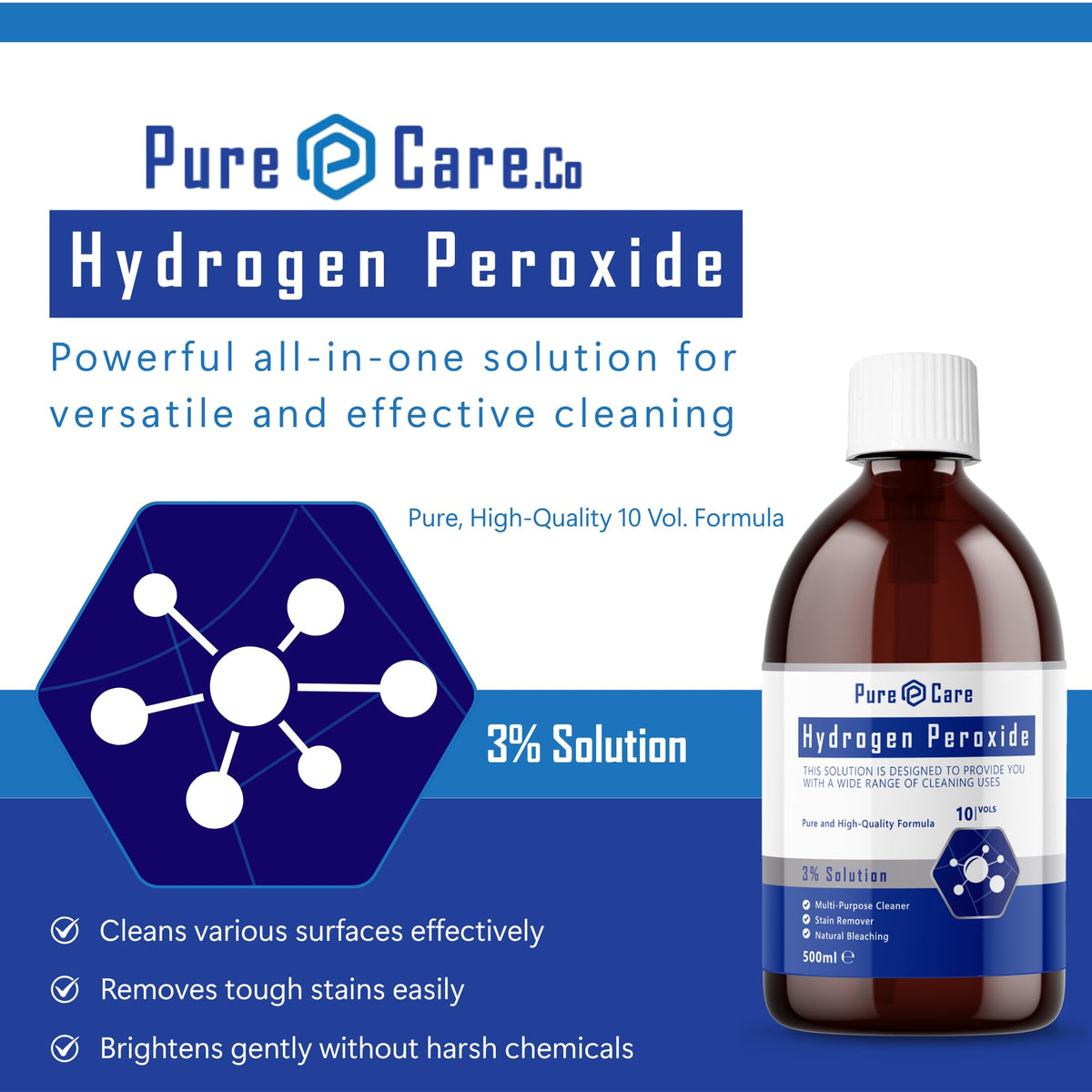 PureCare Hydrogen Peroxide 3% - 500ml All-Purpose Cleaner | Hospital Grade | Unscented
