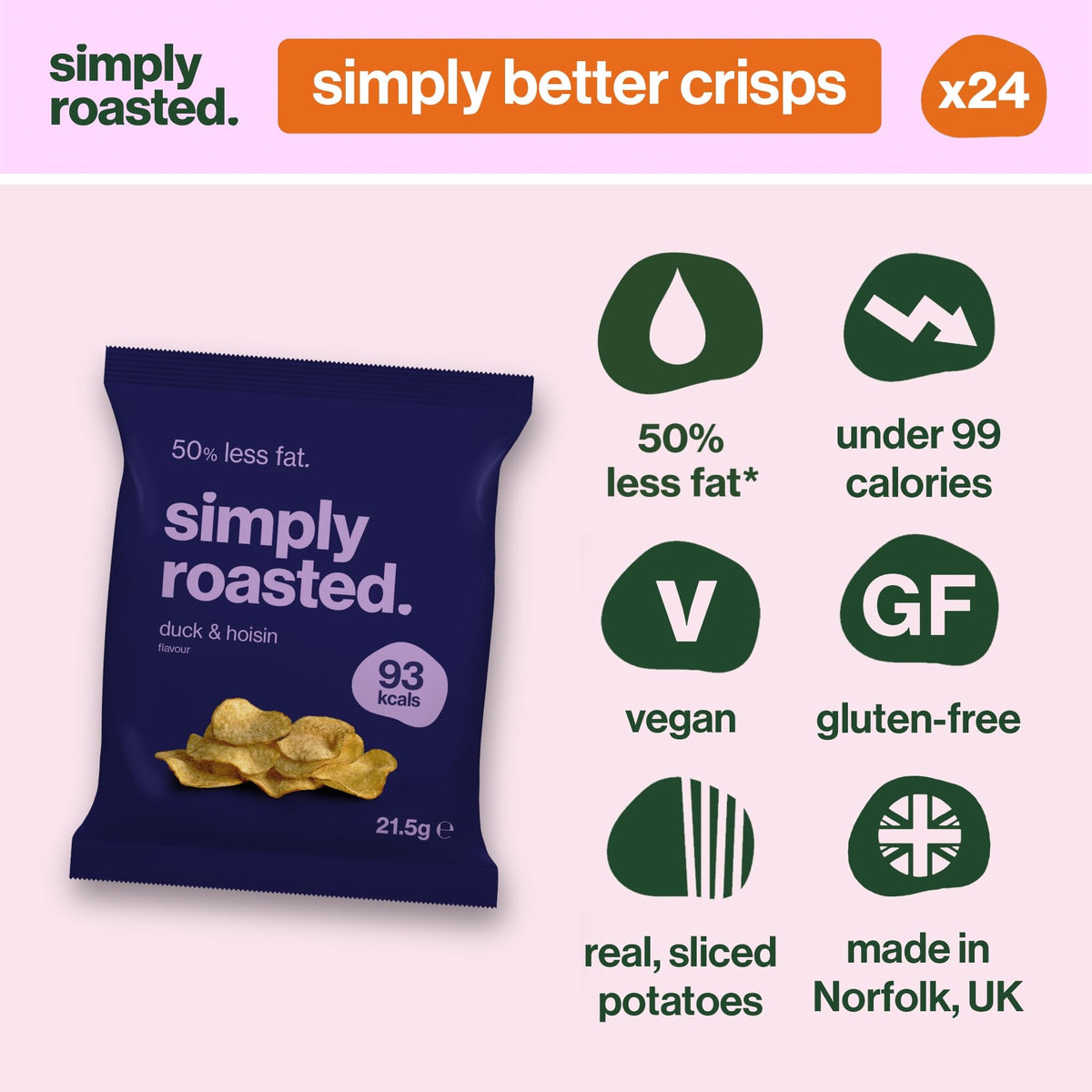 Simply Roasted Duck & Hoisin Crisps - 50% Less Fat | 24 x 21.5g Bags | Roasted, Not Fried