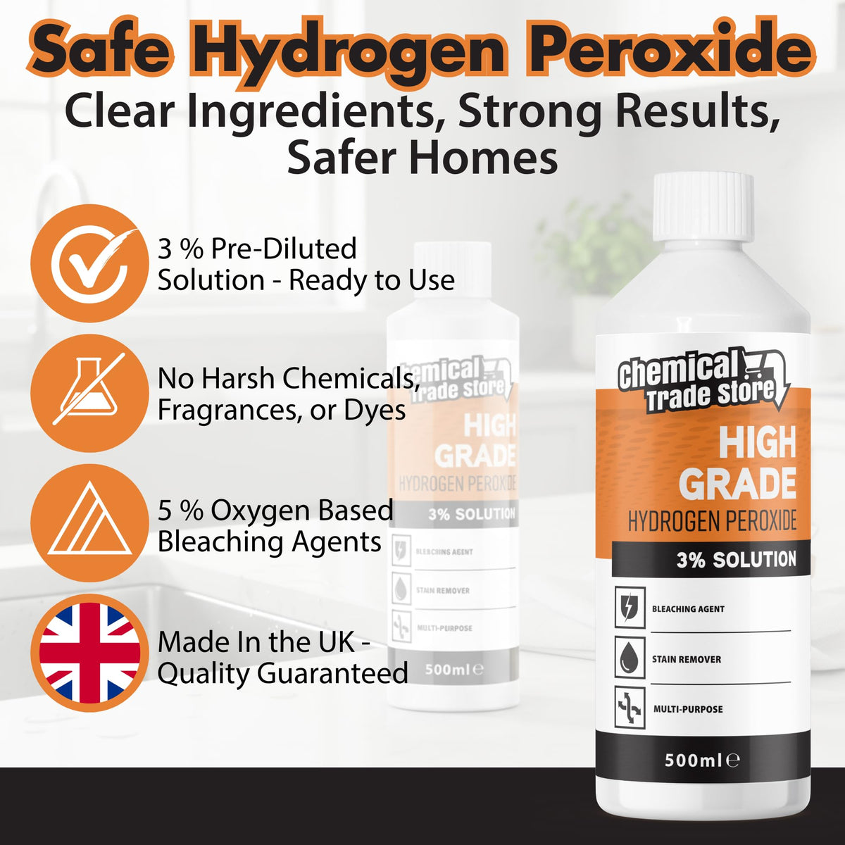 Chemical Trade Store Hydrogen Peroxide Solution 3% - 500ml Bottle | All-Purpose Cleaner | Laundry Pre-Treatment 3