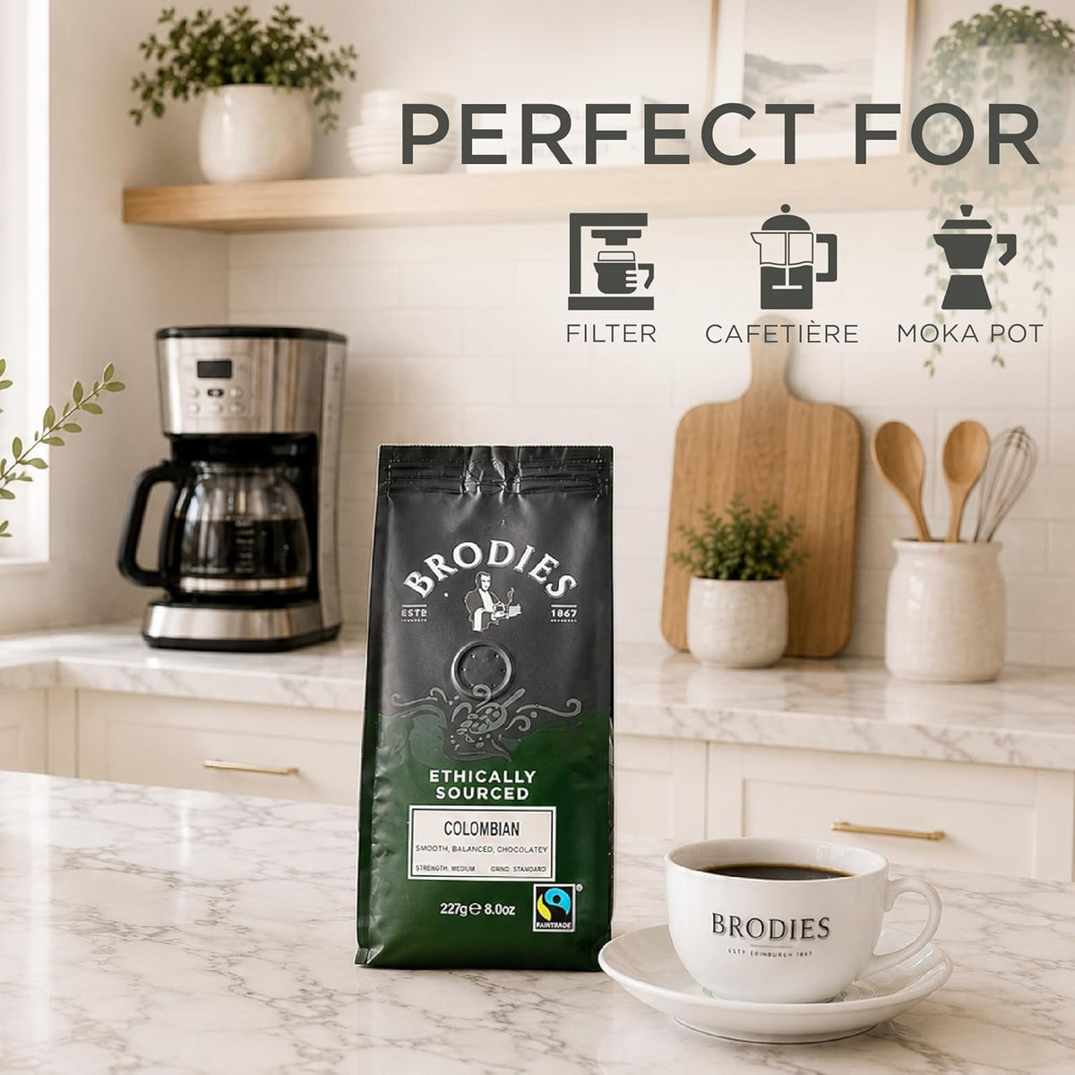 Brodies Colombian Fairtrade Ground Coffee - 100% Arabica, Medium Intensity, Chocolate Notes | 227g Pack of 6 3