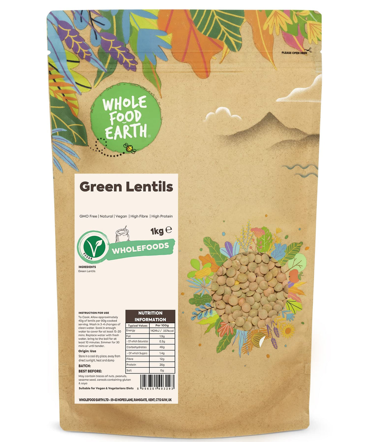 Wholefood Earth Green Lentils - High Fibre, Natural, GMO-Free | 1 kg