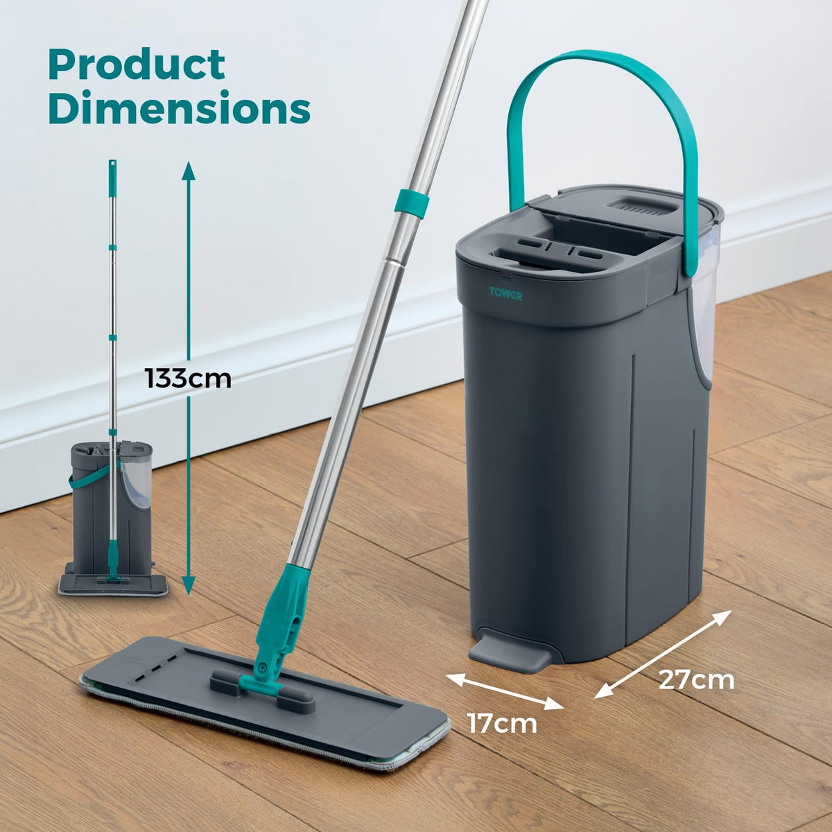 Tower Flat Mop and Bucket Set with 2 Washable Microfibre Mop Heads - Teal 6