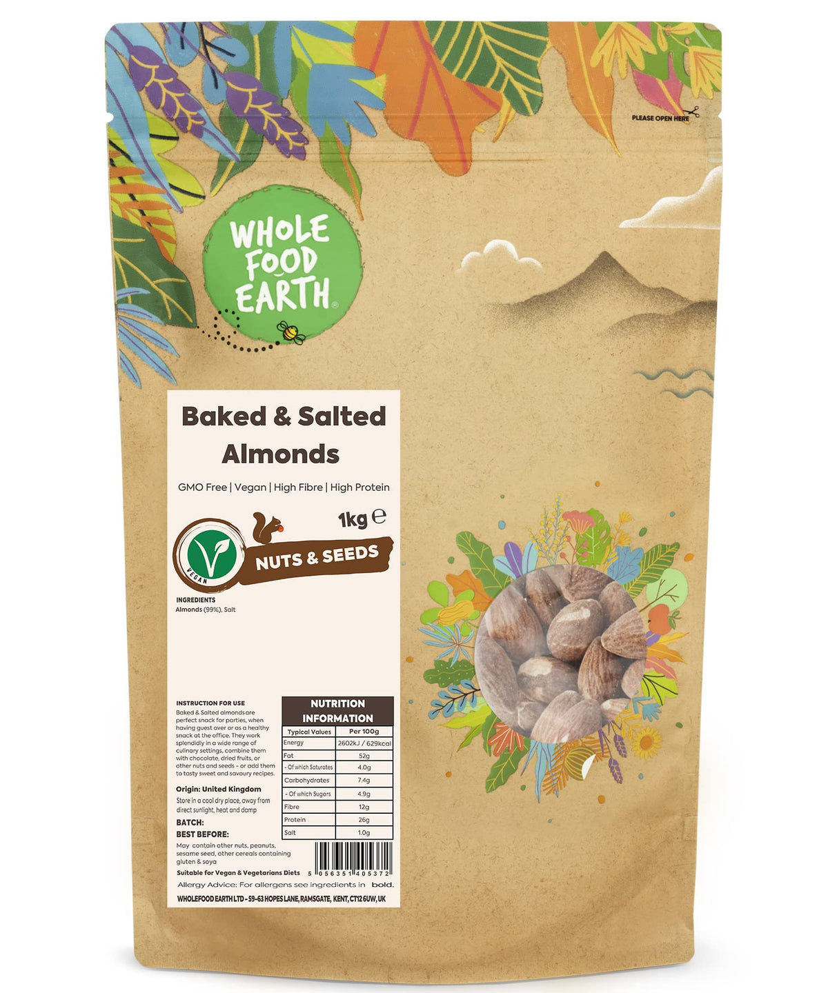 Wholefood Earth Roasted and Salted Almonds - 1kg | High Fibre | GMO Free