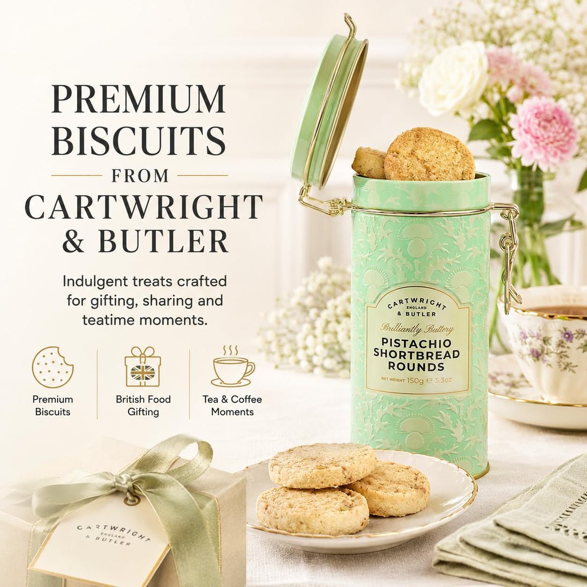 Cartwright & Butler Pistachio Shortbread Rounds - 150g Tin | Rich & Buttery | Vegetarian 6
