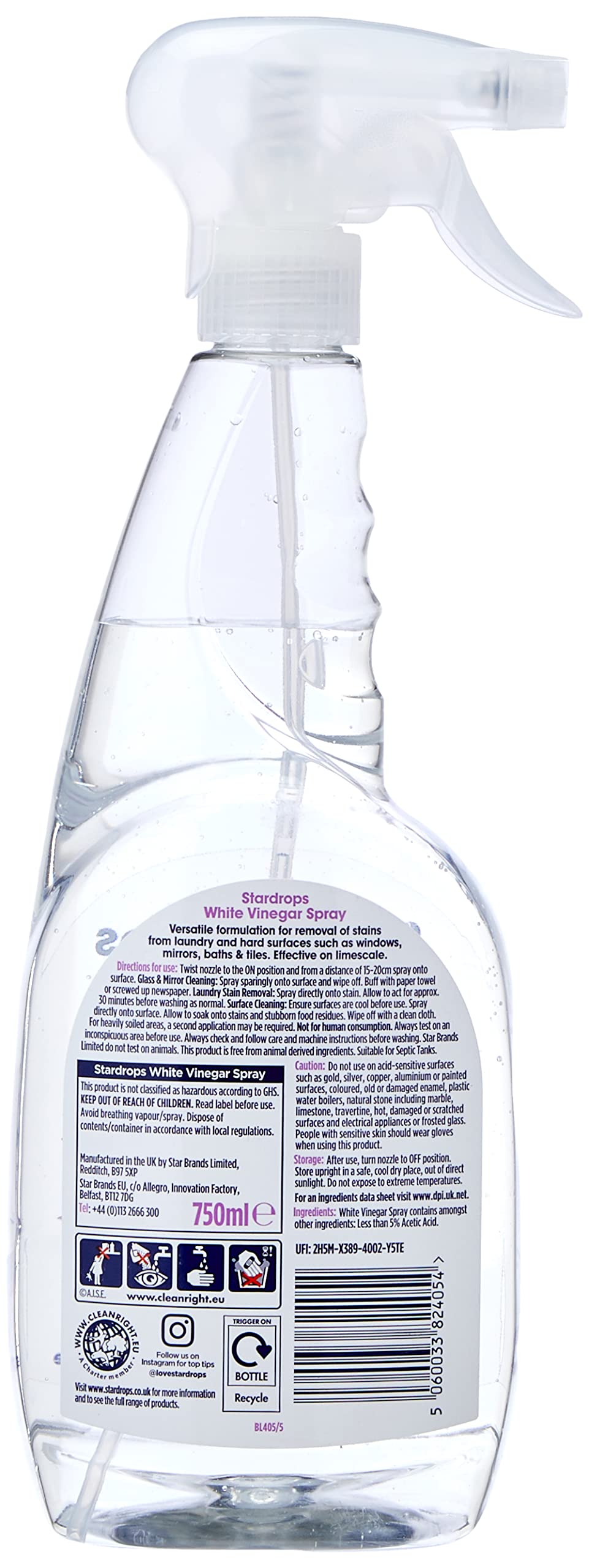 Stardrops White Vinegar All-Purpose Cleaner - Streak-Free Finish, Limescale & Stain Removal, 750ml