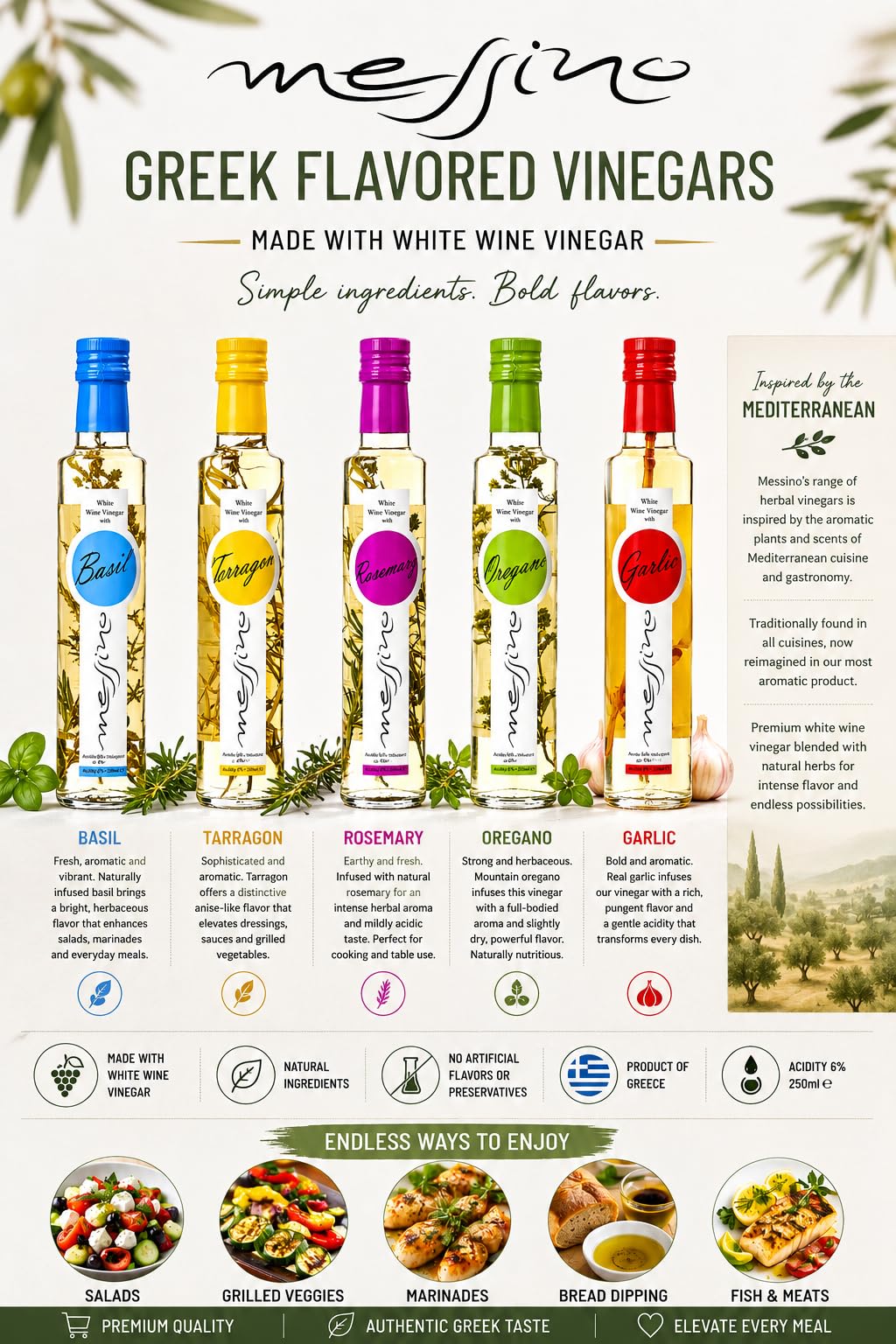 Messino Greek White Wine Vinegar with Basil - 2 x 250ml Bottles 9