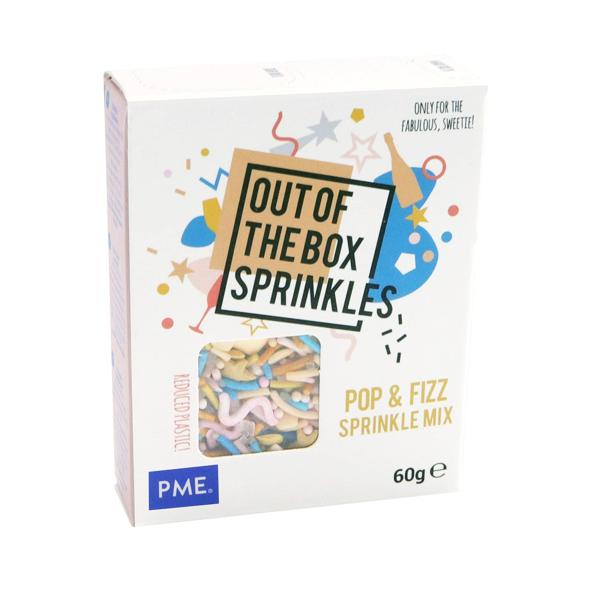 PME Pop & Fizz Sprinkle Mix - 60g Box | Gold, Nude, Blue Tones | Sugar Strands, Stars, Bottles & More
