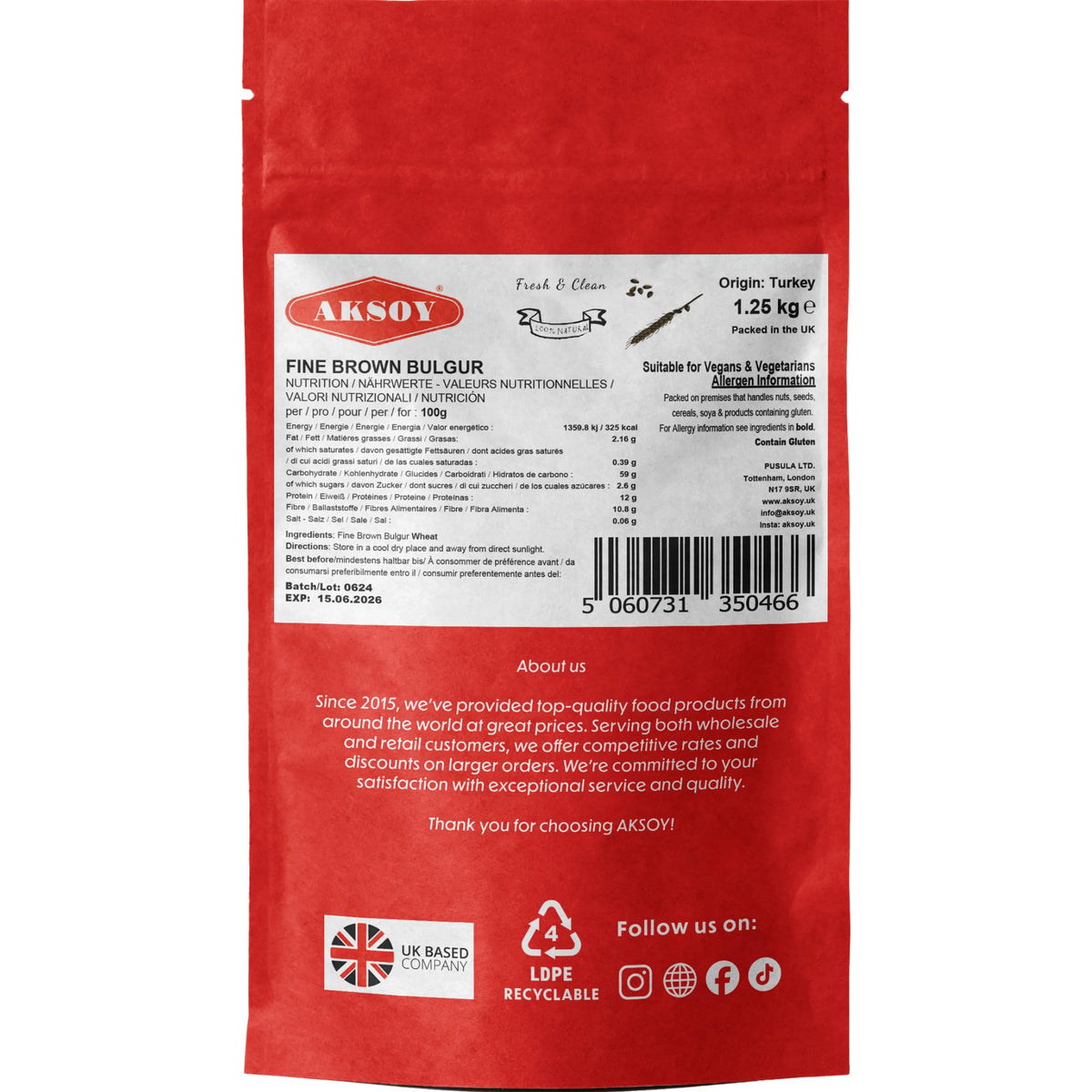 AKSOY Fine Brown Bulgur Wheat - 1.25kg Bag | Whole Grain | Vegan & Vegetarian 5