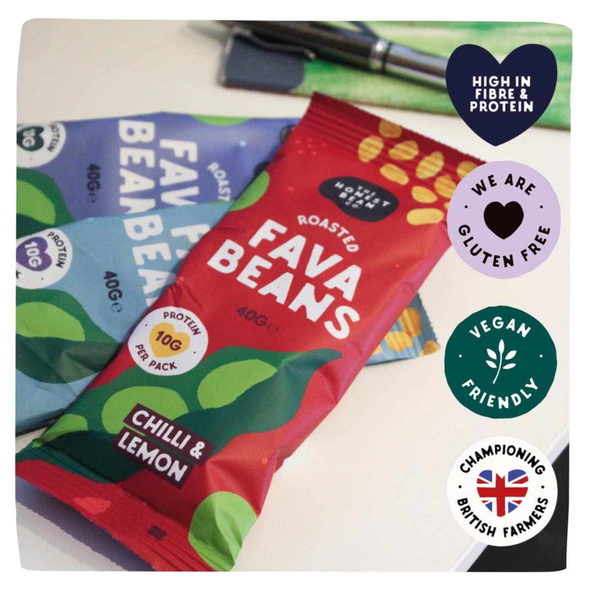 The Honest Bean Co Roasted Fava Bean Snack, Chilli & Lemon - 40g (Pack of 12) 3