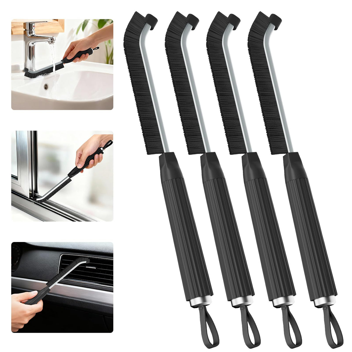 Oderra Crevice Cleaning Brush - 4 Pcs | Hard Bristle | Black