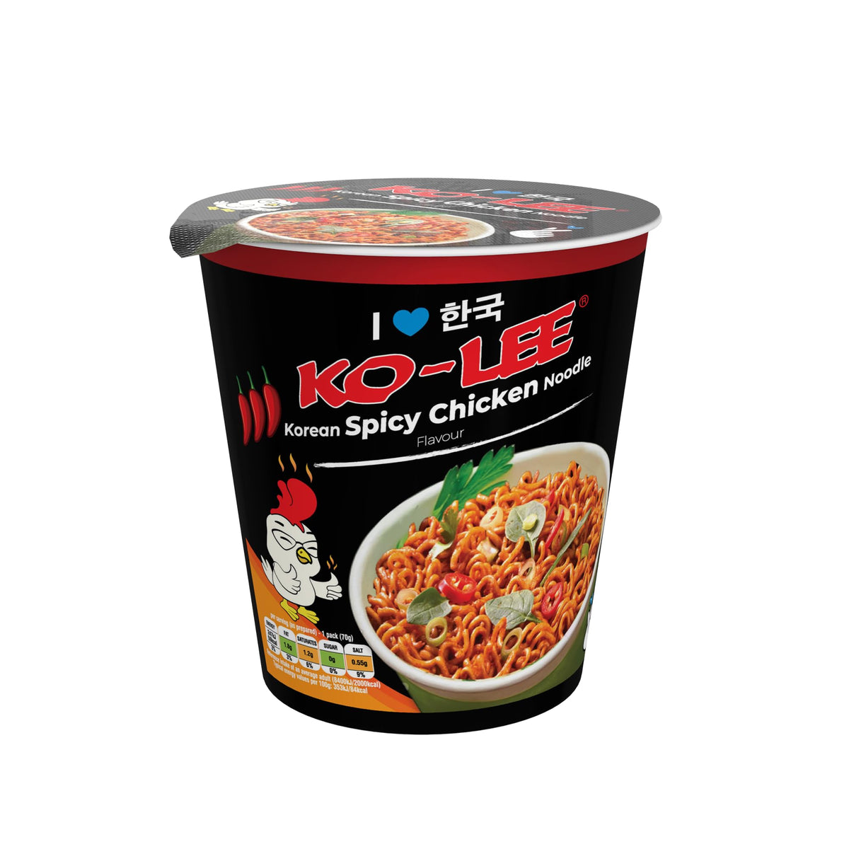 Ko-Lee Korean Cup Spicy Chicken Instant Noodles - Tray of 6 x 65g Cups | Halal, Vegetarian Friendly