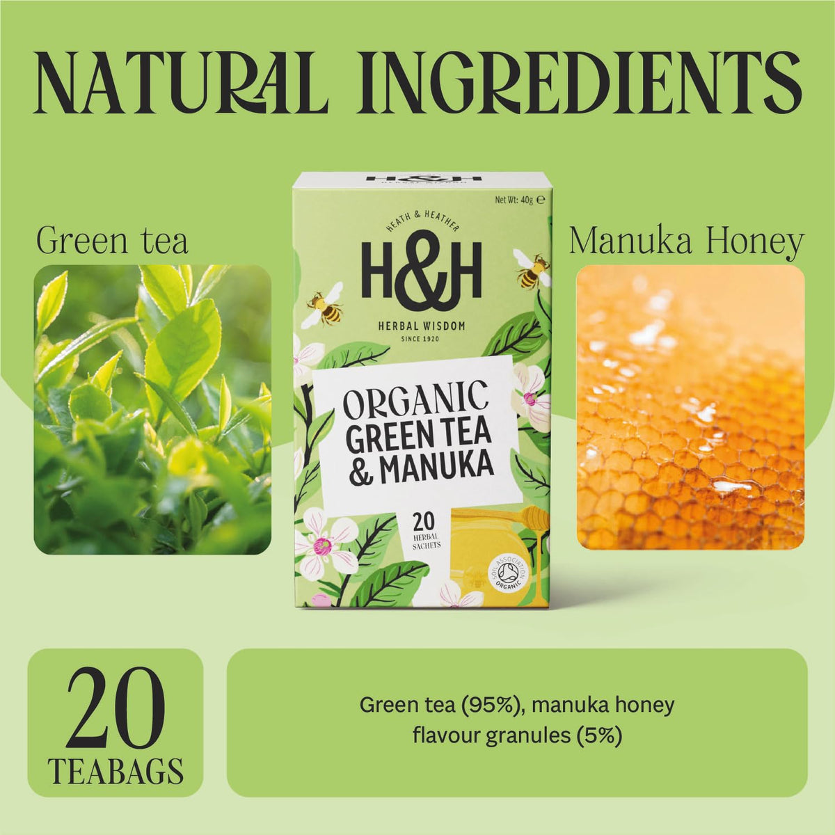 Heath & Heather Organic Green Tea with Manuka Honey - Antioxidant Rich, Immune Support, Supports Digestion & Metabolism | 20 Count Teabags