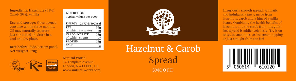 Nutural World Smooth Hazelnut and Carob Spread - No Added Sugar, Vegan, 170g 5