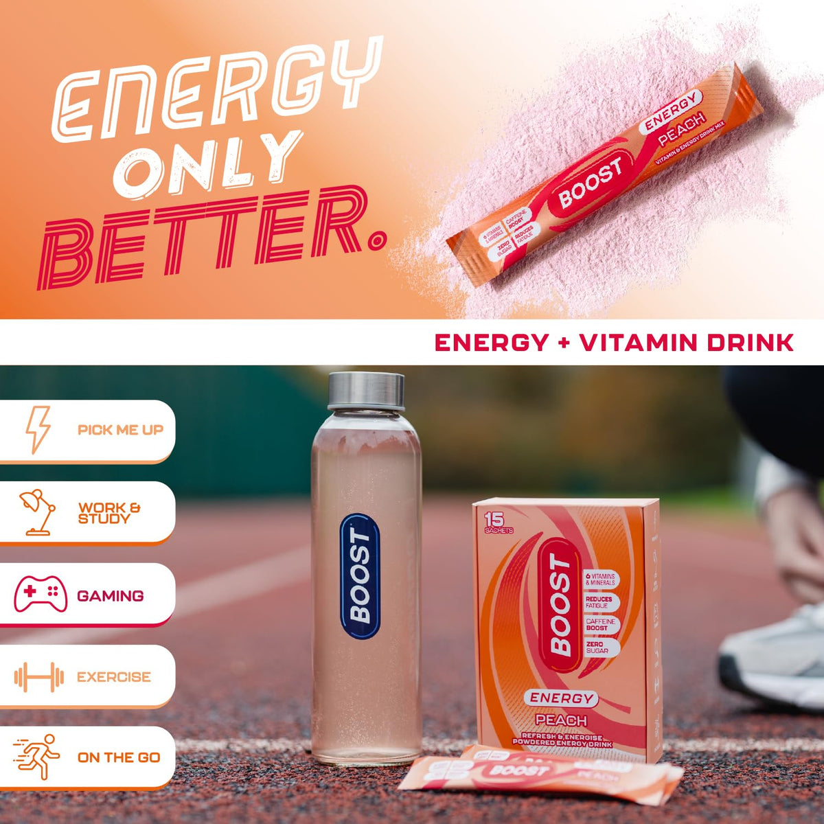 Boost Energy Powder Peach - Zero Sugar, 5g Sachets, 6 Pack 6