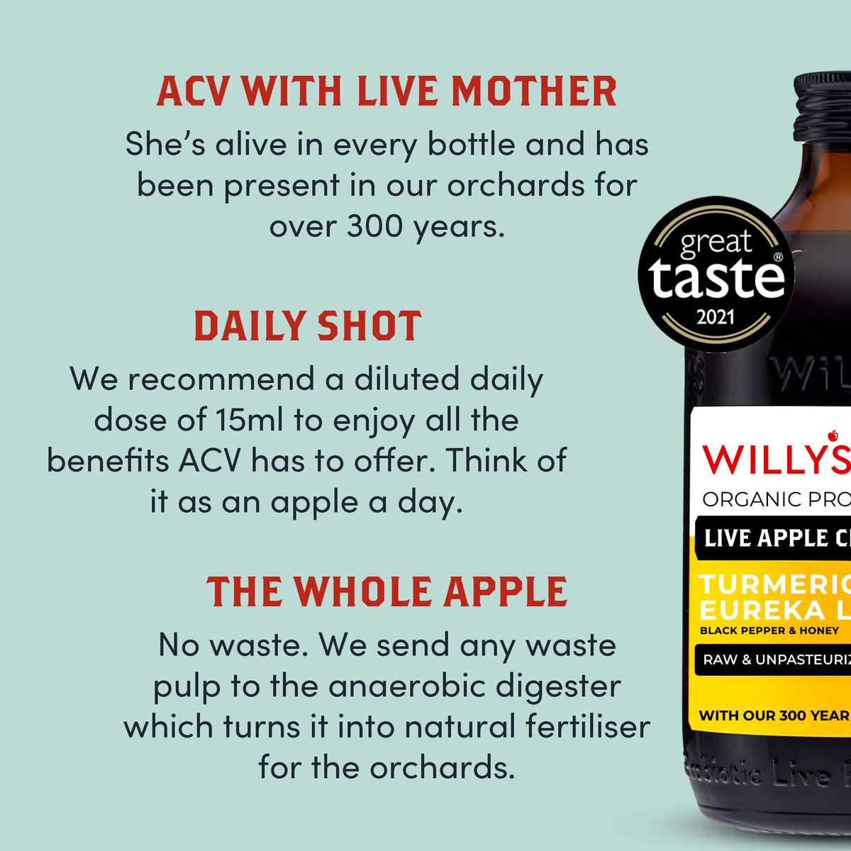 Willy's Organic Apple Cider Vinegar with Turmeric & Honey - Raw, Unpasteurised, 500ml 5