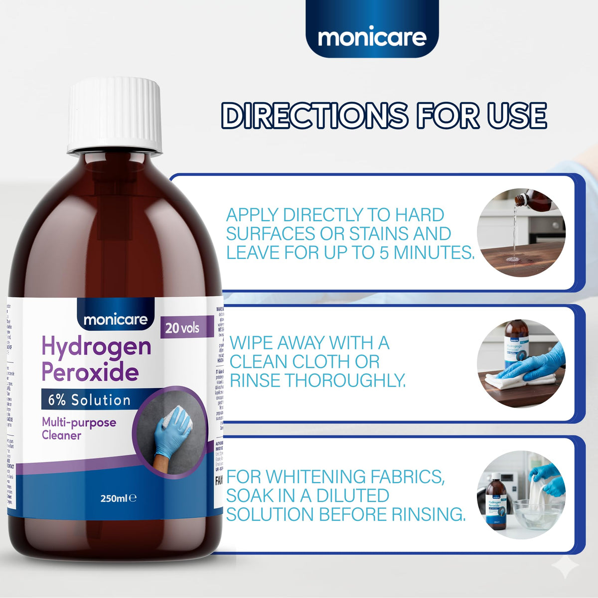 Monicare Hydrogen Peroxide 6% - All-Purpose Cleaner for Laundry & Household Use | 250 ml 6