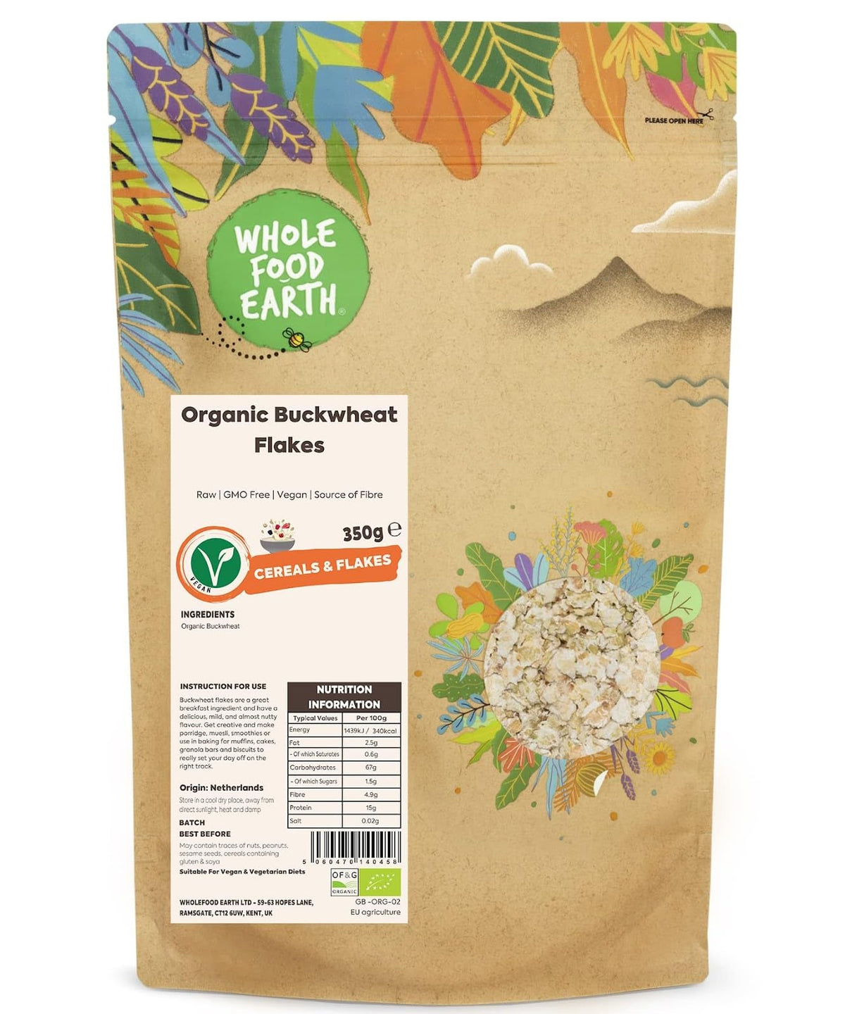 Wholefood Earth Organic Buckwheat Flakes - 350g | Certified Organic | 5-Star Food Hygiene