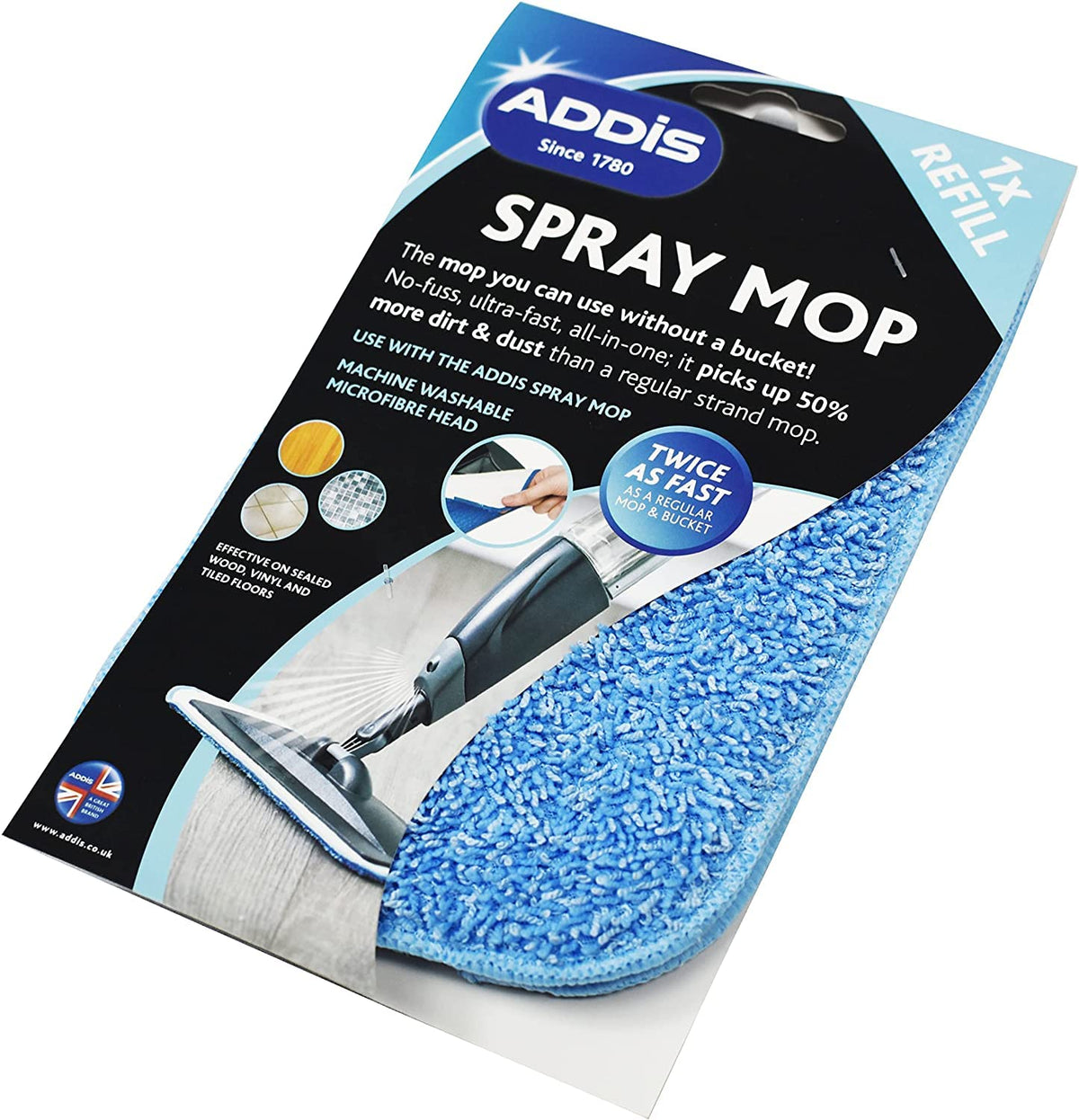 Addis Microfibre Spray Flat Mop with 2 Spare Refills - Grey & Blue 7