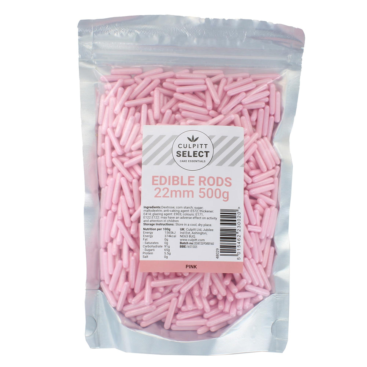 Culpitt Select Pink Sugar Rods - Edible Cake Decorations | 500g Pouch | 22mm Size