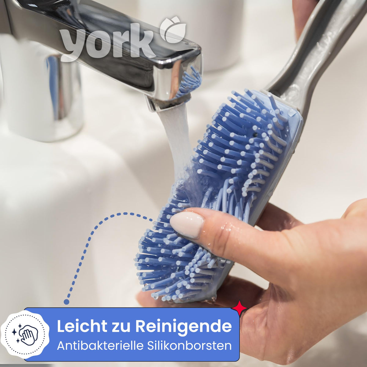 York Bacteria Stop Hand Brush and Shovel Set - Rubber Bristles, Pet Hair Removal | Grey/Blue | 30cm
