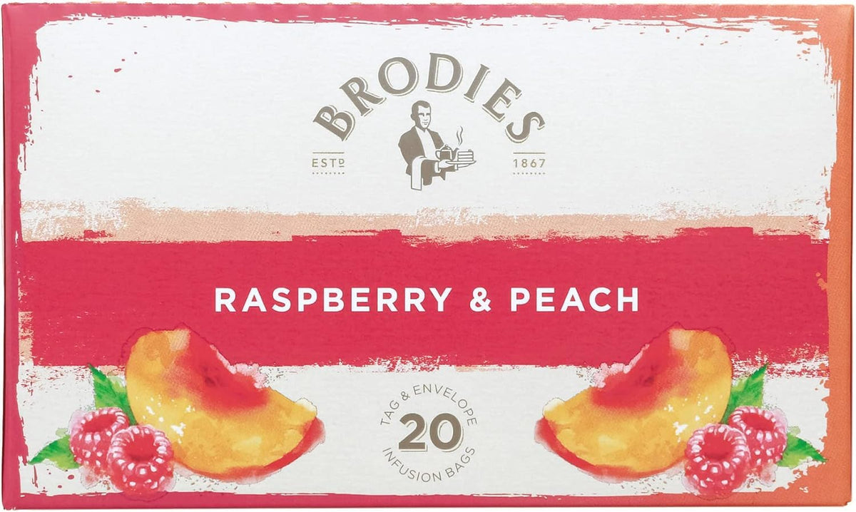 Brodies Raspberry & Peach Flavored Black Tea - Caffeine-Free, 120 Tea Bags (6 Boxes of 20) 7