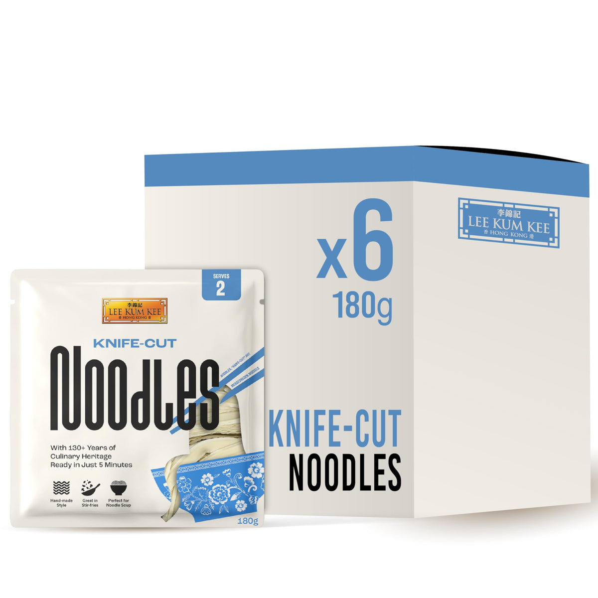 Lee Kum Kee Knife-Cut Noodles - 6 x 180g Packs | Thick & Wavy | Ready in 5 Minutes