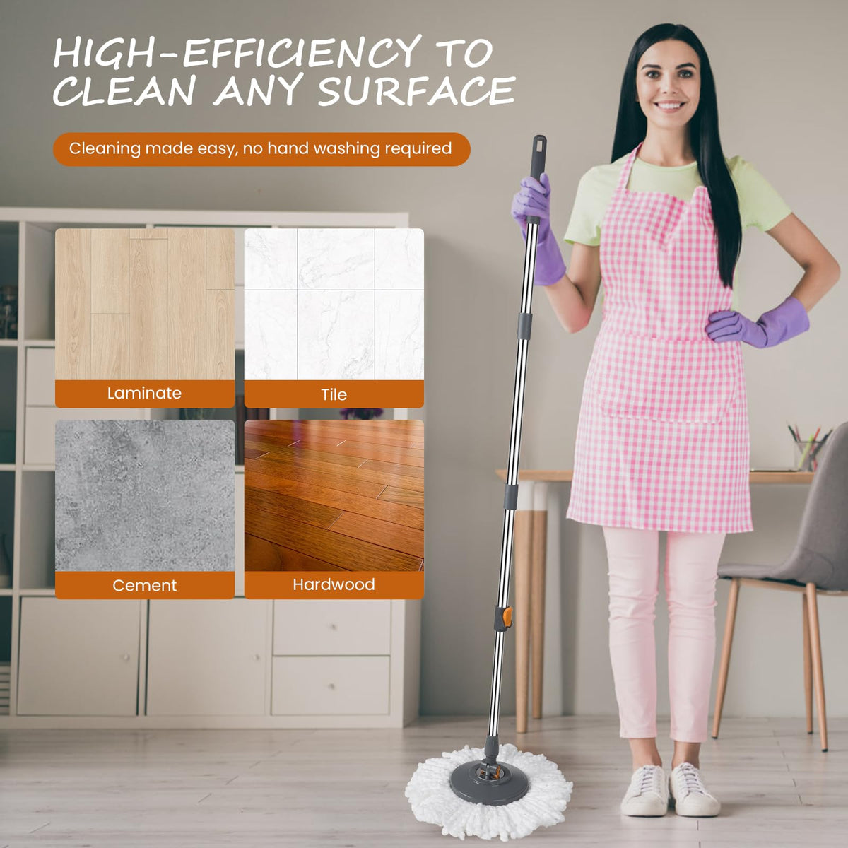 Rainberg Spin Mop and Bucket Set with 4 Microfiber Heads - 130cm Extendable Handle, 180-degree Rotation, Self-wringing System 4
