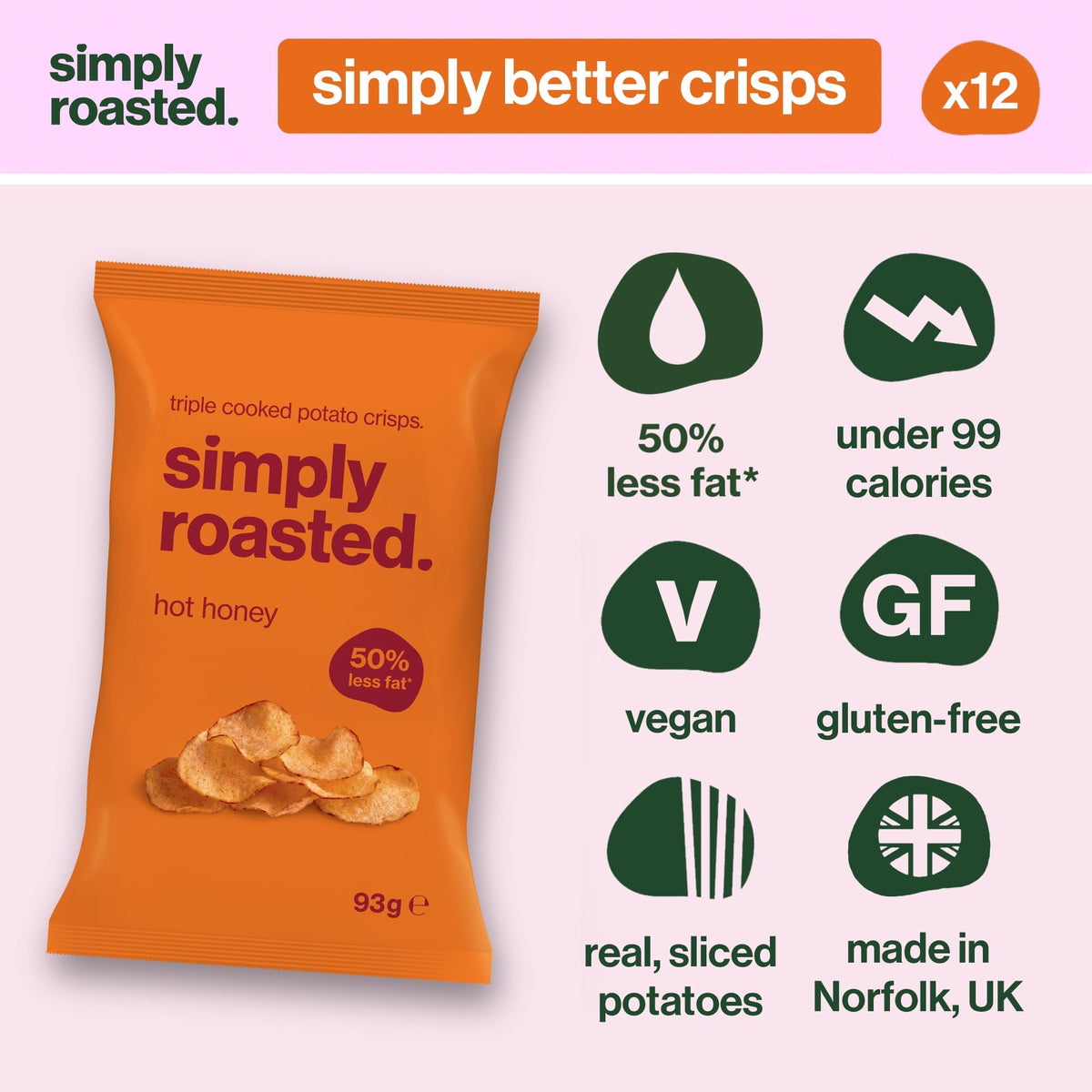 Simply Roasted Hot Honey Crisps - 12 x 93g Sharer Bags | Sweet & Spicy Flavour | Roasted, Not Fried