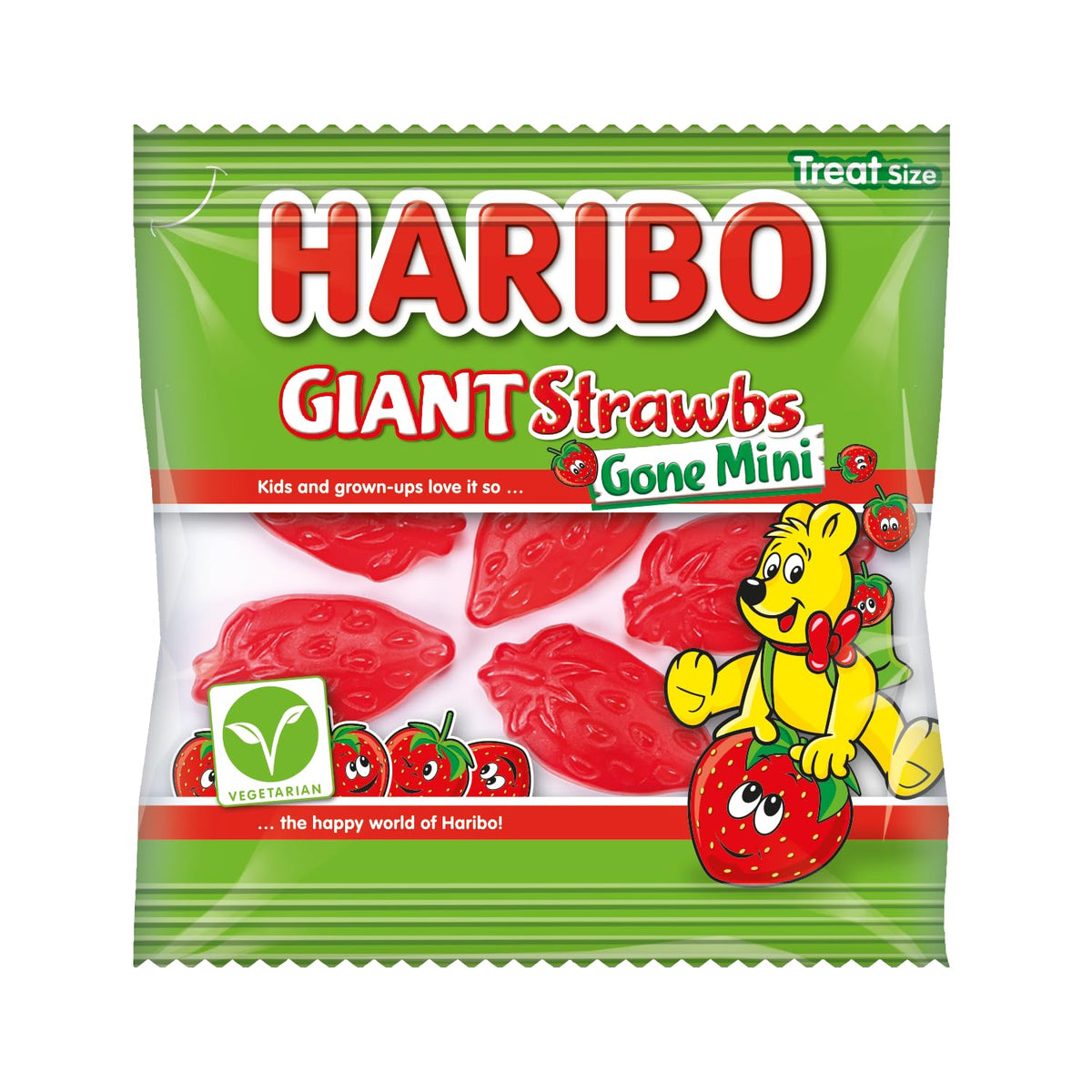 HARIBO Giant Strawbs Gone Mini - Vegetarian Strawberry Sweets | 100 x 16g Bags | 1.6kg Total