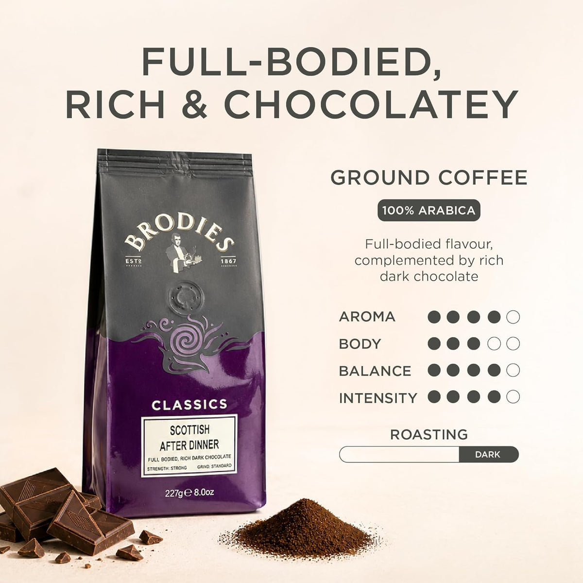 Brodies Scottish After Dinner Ground Coffee - 100% Arabica, Dark Roast, 227g Pack of 6 2