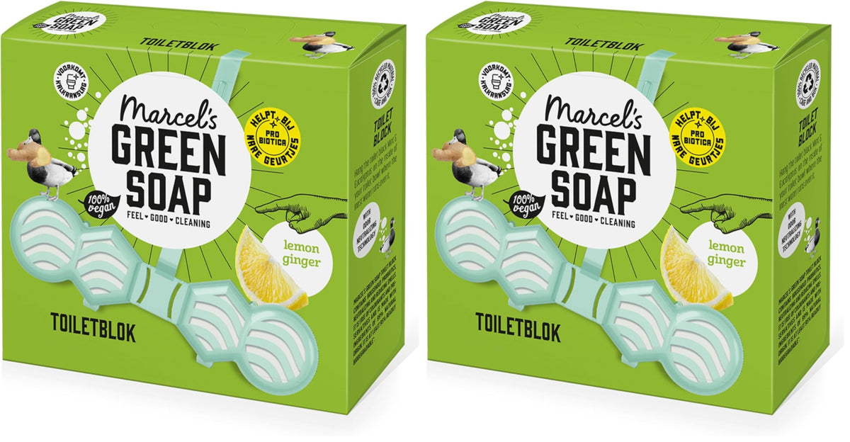 Marcel's Green Soap Toilet Block Ginger & Lemon - Pack of 2 | 99% Natural Ingredients | Prevents Limescale