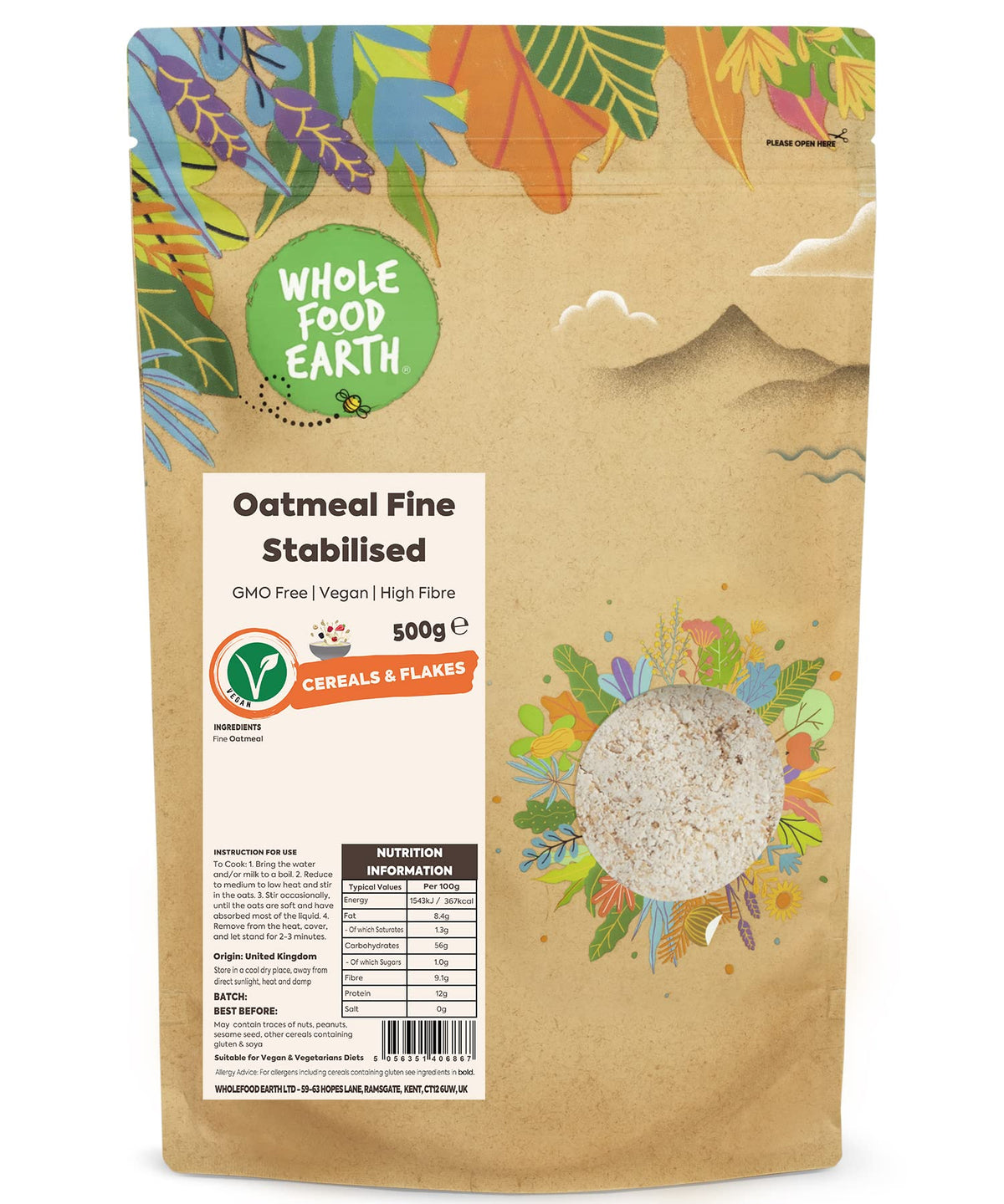 Wholefood Earth Oatmeal Fine Stabilised - 500g | Ground Wholegrain Oats | Vegan 1