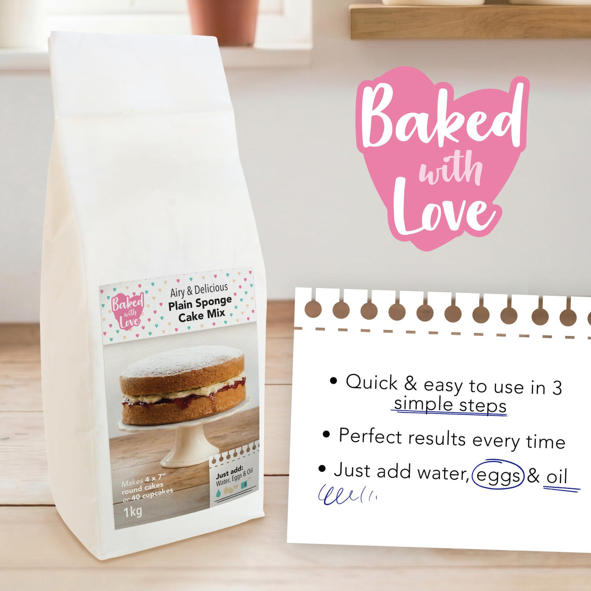 Baked With Love Plain Cake Mix - 1kg | Makes 40 Cupcakes or 4 x 7" Cakes | Easy Bake Sponge