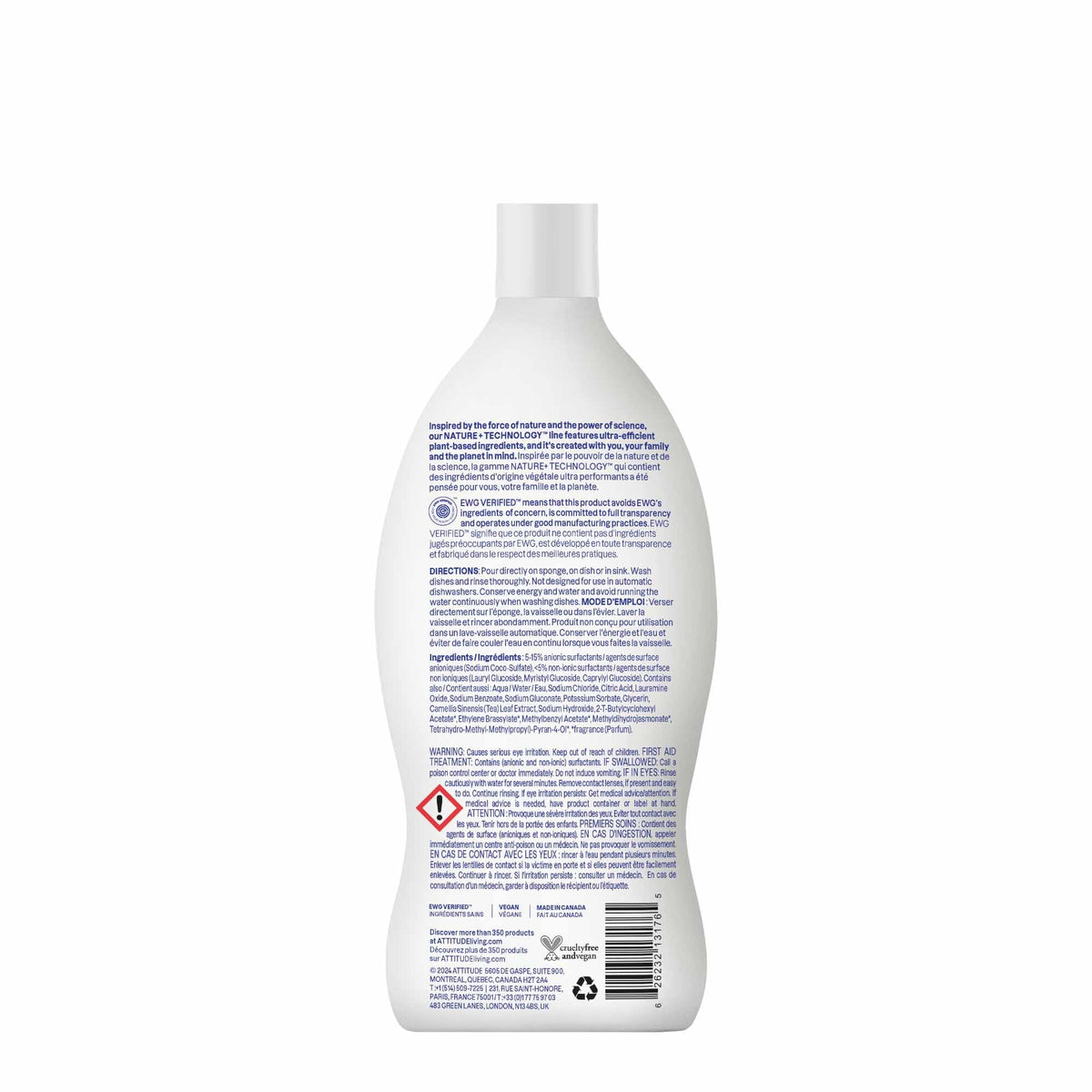 ATTITUDE Washing-Up Liquid - EWG Verified, Plant-Based Formula, 700 ml Grapefruit Scent