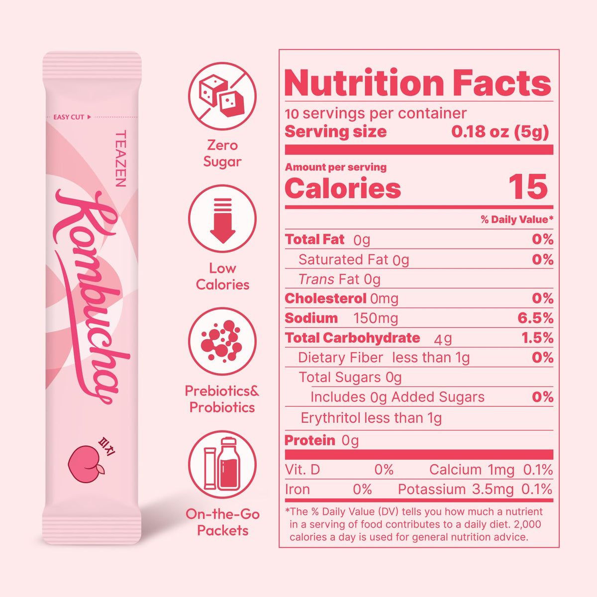 TEAZEN Peach Kombucha Tea - Sugar-Free, Live Probiotics, Portable Powder Drink Mix 5